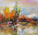 An Autumn Landscape with Cows Near a Stream Paintings - Autumn Landscape by Ioan Popei